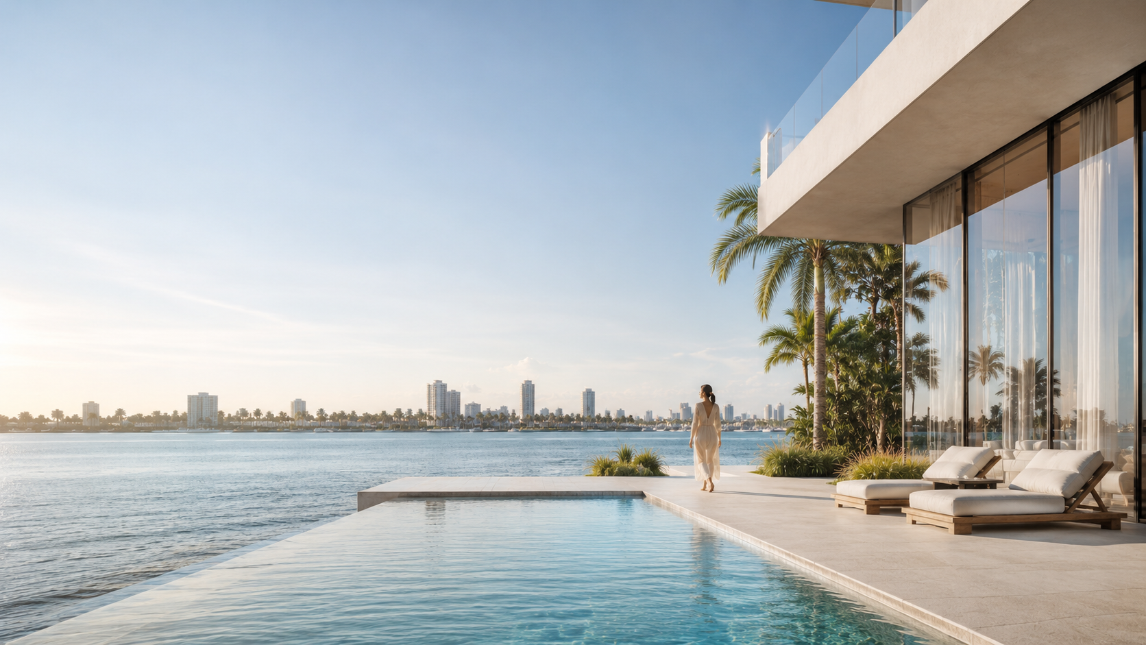 Modern waterfront residence with a pool overlooking the Miami skyline