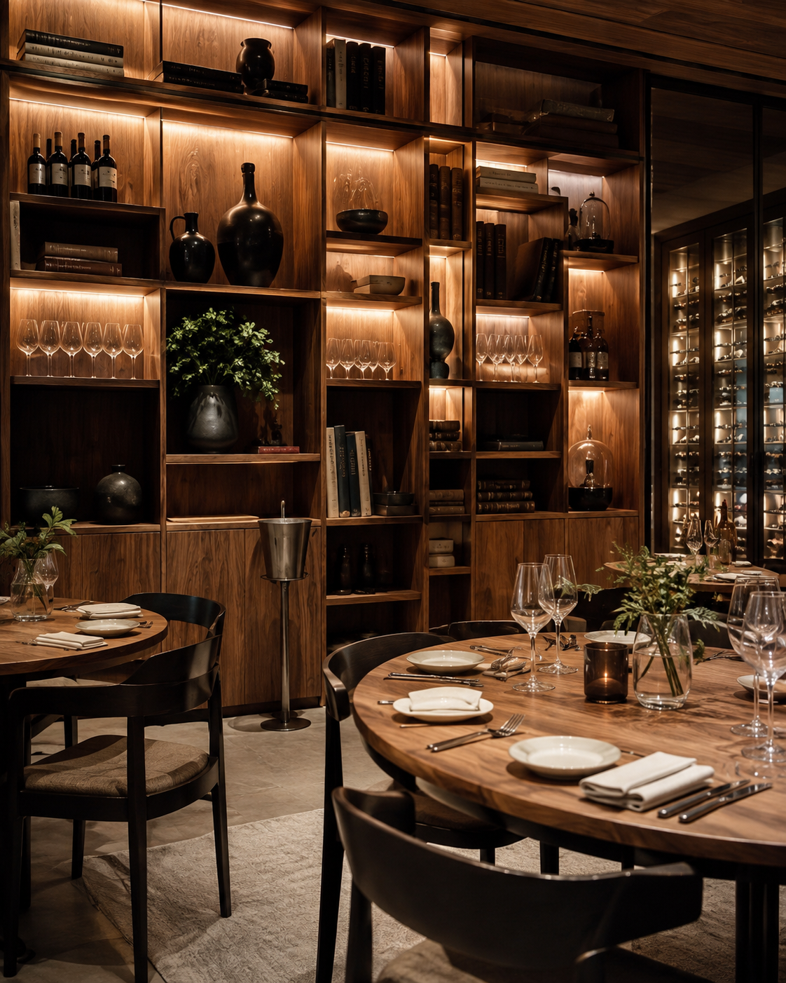 Warm, refined Toscana Divino dining room with illuminated wood shelving