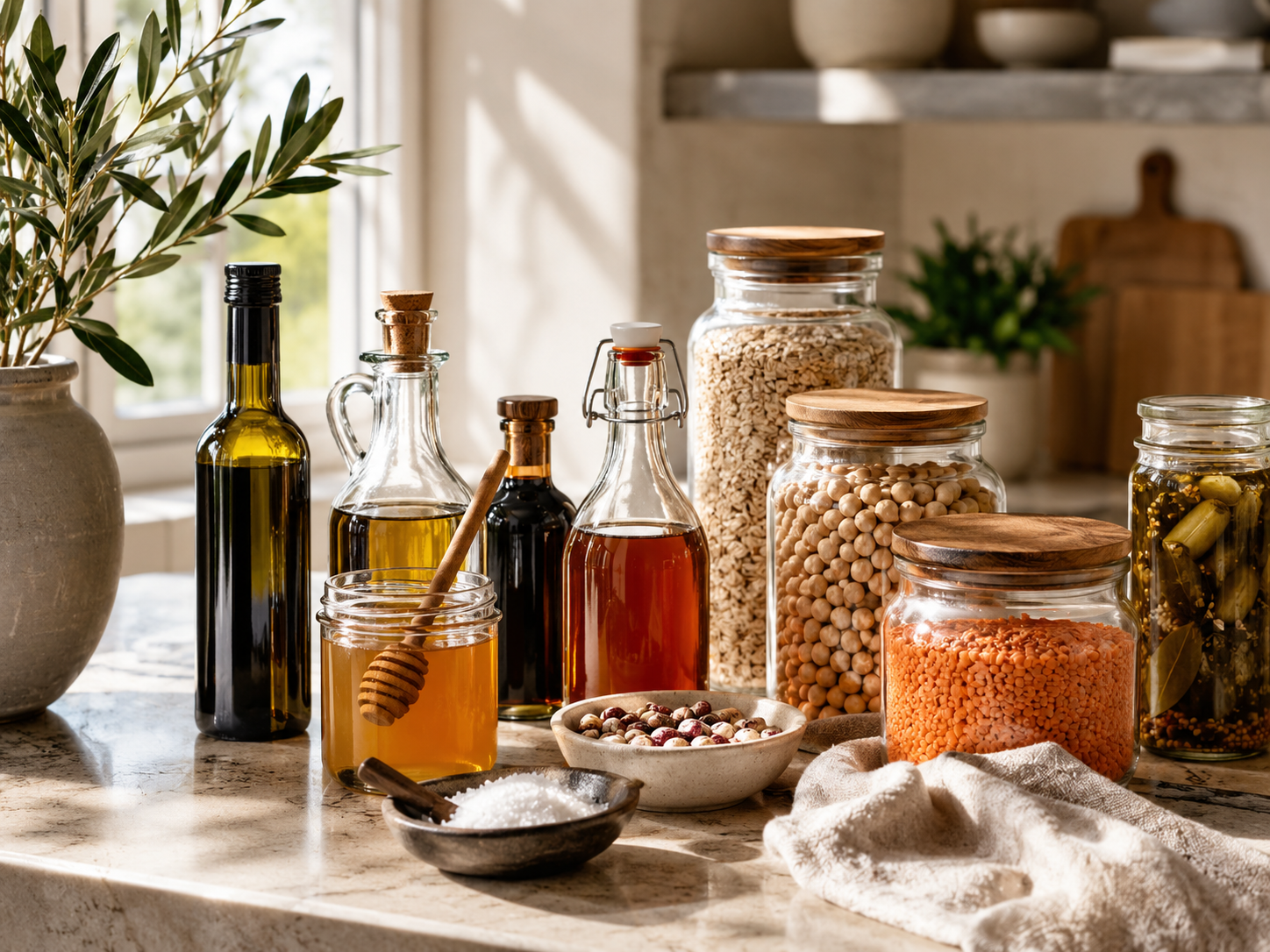 Olive oil, vinegar, honey and foundational pantry staples
