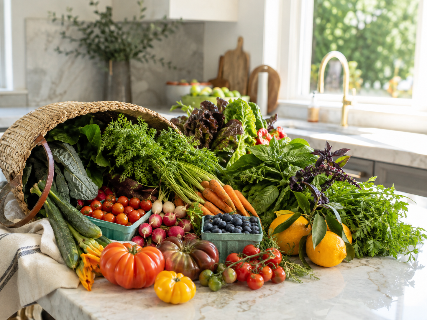 Vibrant seasonal vegetables, fruit and herbs arranged in a residential kitchen