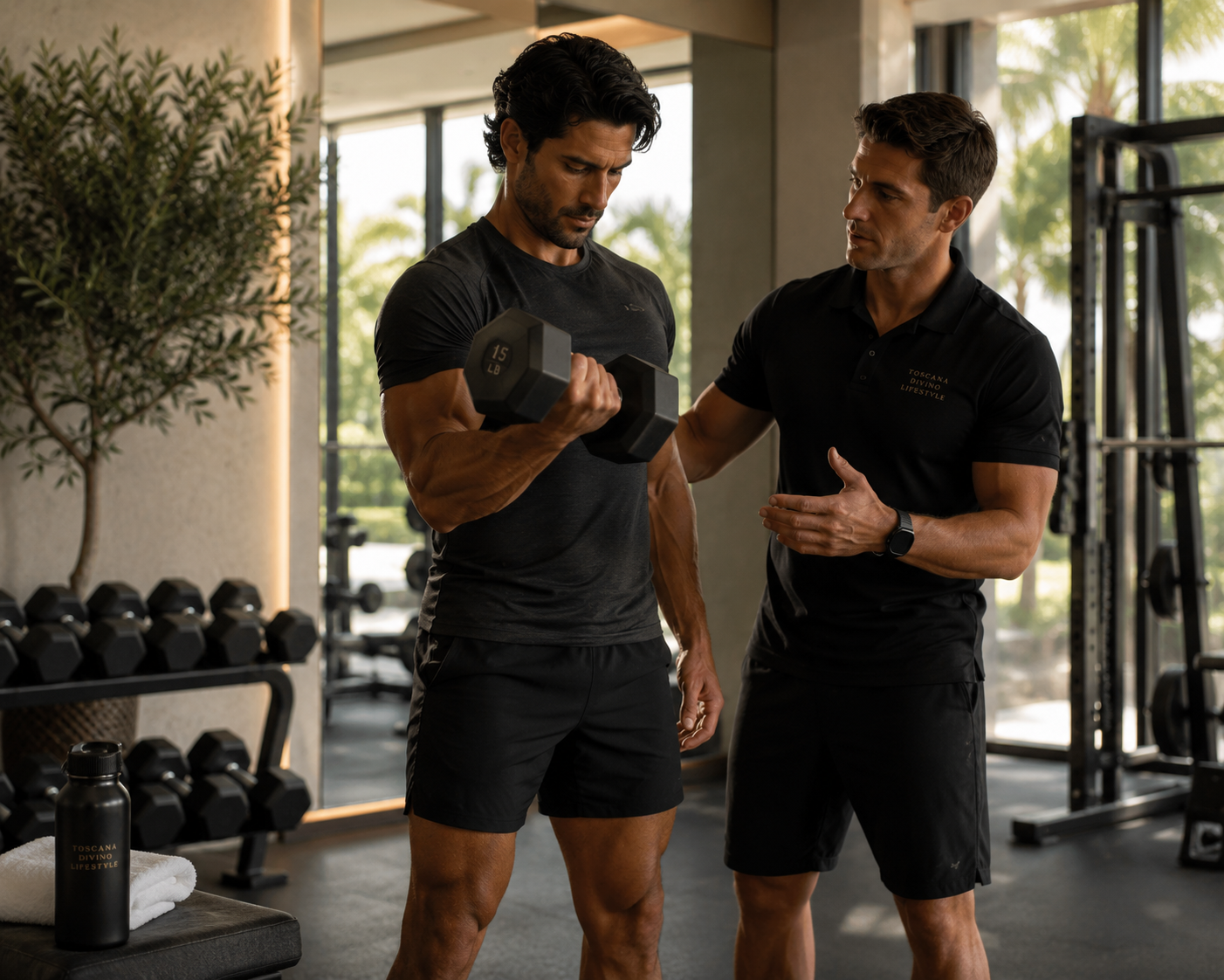 Personal trainer guiding a resident through strength training in a residential gym