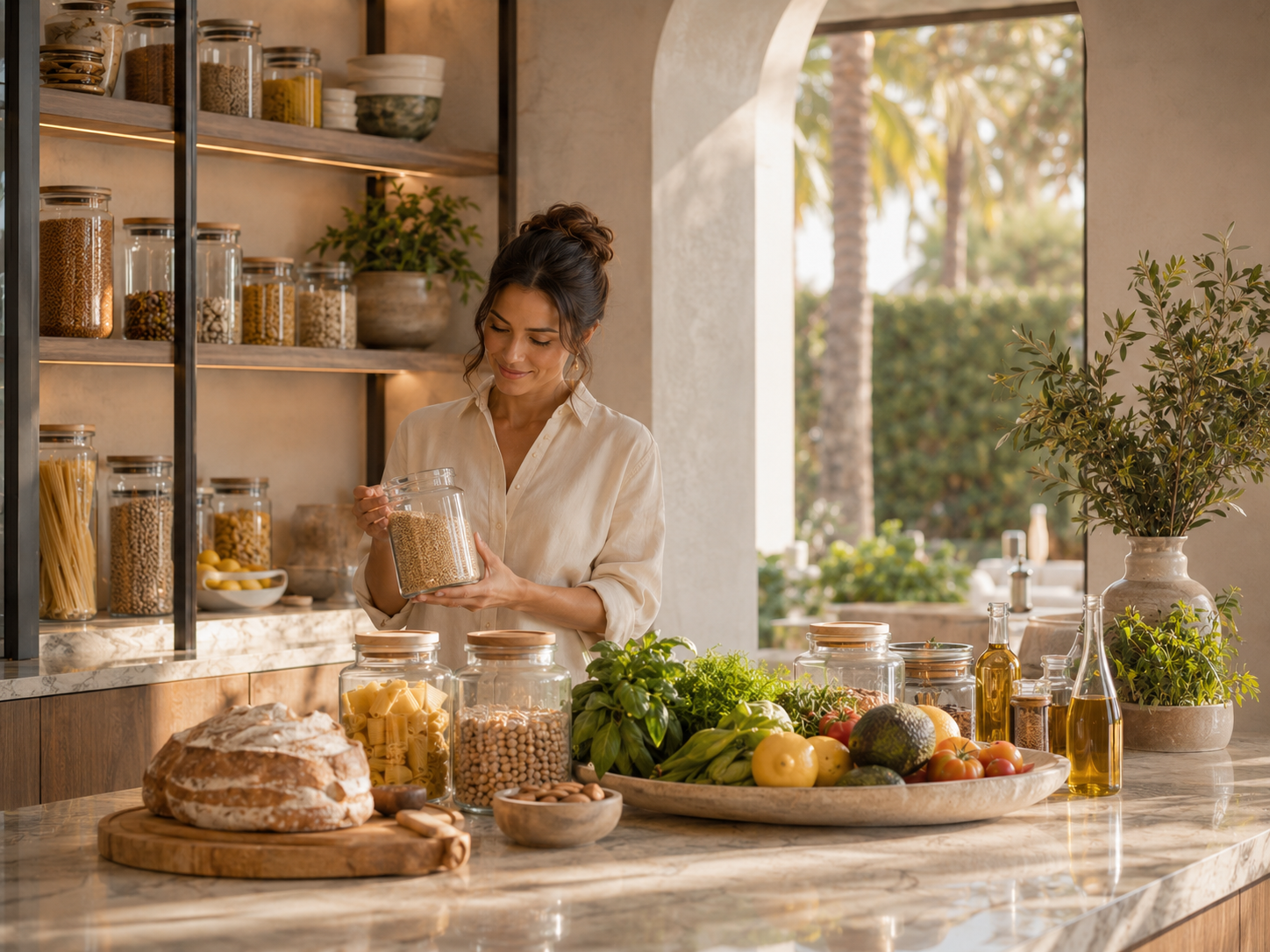 Resident selecting thoughtfully sourced ingredients in a refined kitchen