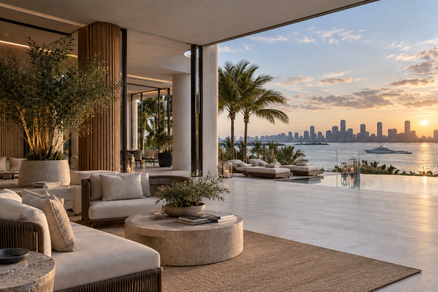 Luxury waterfront residence overlooking the Miami skyline at sunset