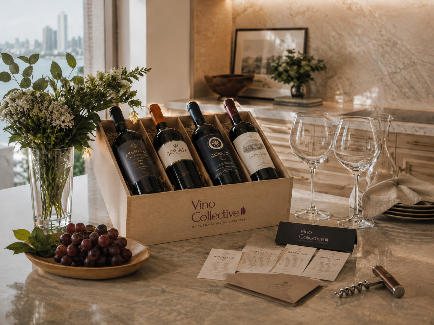 Vino Collective wine allocation, tasting glasses and printed tasting notes in a light-filled residence