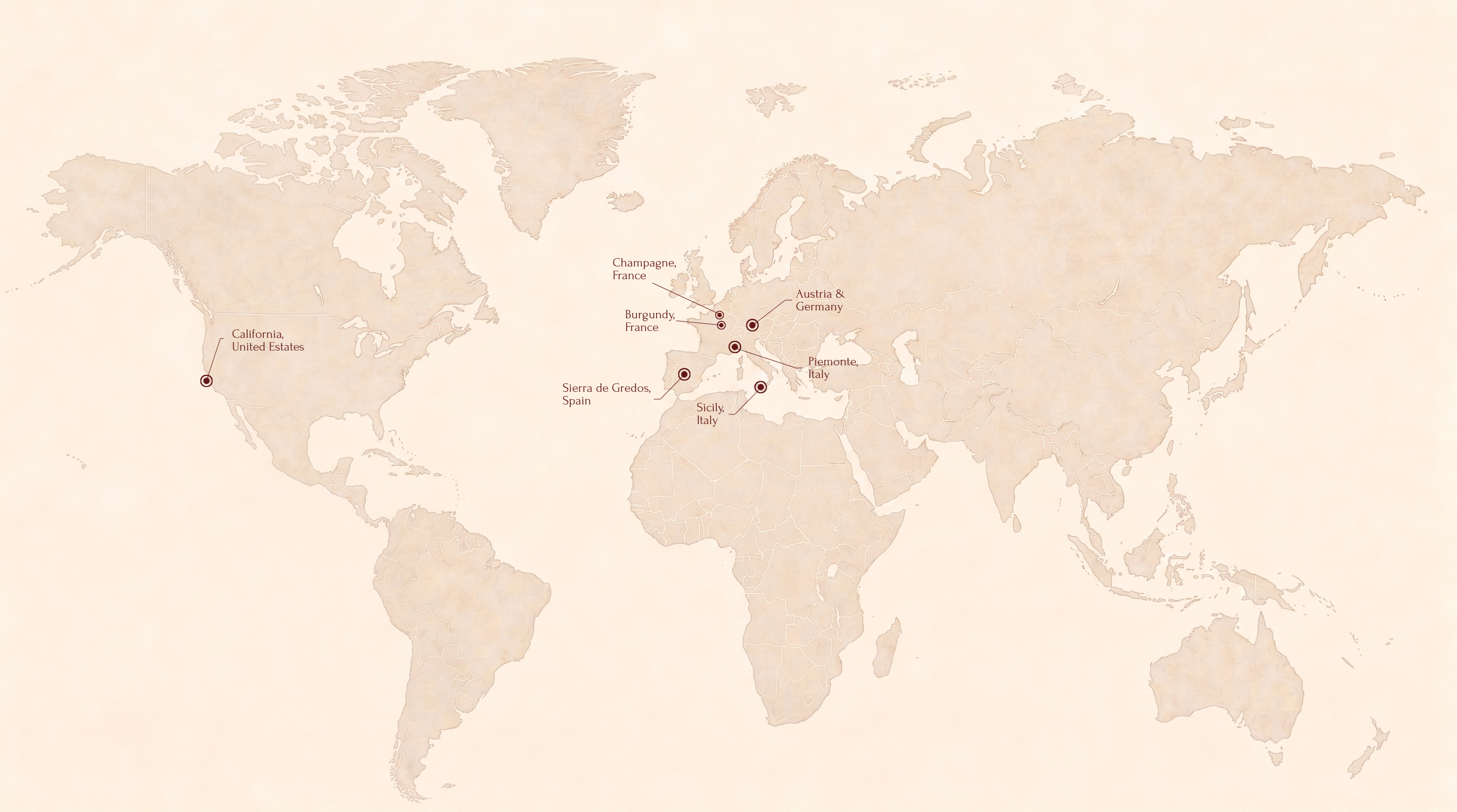 World wine map highlighting California, Sierra de Gredos, Burgundy, Champagne, Piemonte, Austria and Germany, and Sicily